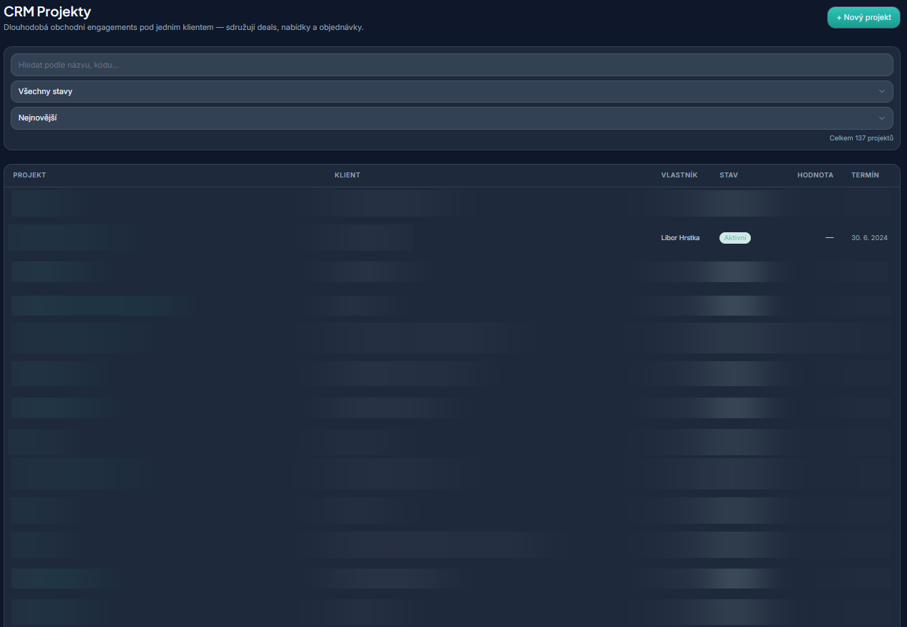 FaktFlow CRM — obchodní projekty s klienty, stavem a termíny